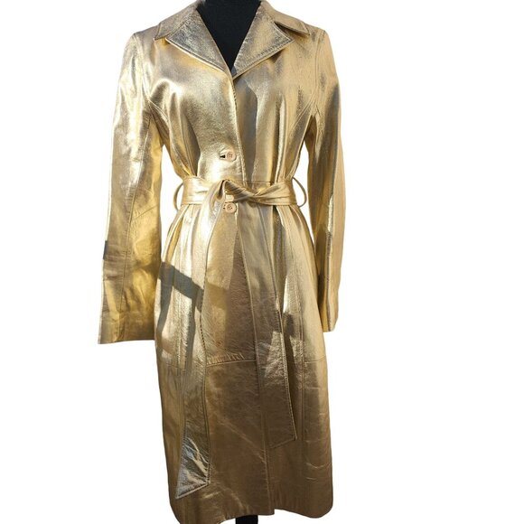 Glamorous Gold Metallic REAL Genuine Soft Leather Designer Jacket Coat Trench NW - Picture 9 of 16